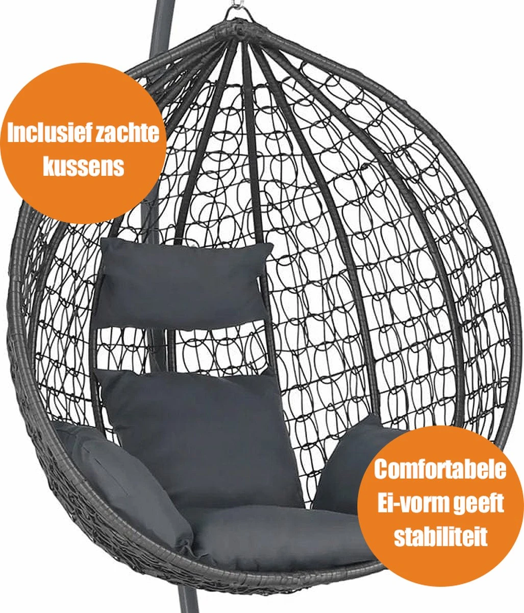 Bircim Hangstoel Ei/Egg-Vorm Met Dikke Kussens - Voor Binnen En Buiten - Incl. Standaard, Onderstel & Kussens - Antraciet 6 Bircim Hangstoel Ei/Egg-Vorm Met Dikke Kussens - Voor Binnen En Buiten - Incl. Standaard, Onderstel & Kussens - Antraciet - Afbeelding 4