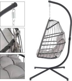 Pro Garden Lowander Hangstoel Egg 191x126x126- Schommelstoel Met Rattan Cocoon En Robuust Stalen Standaard Incl. Kussens - Volledig Inklapbaar - Lichtgrijs -Meubel Verkoop 1069x1200