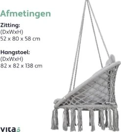 Vita5 Macramé Hangstoel - Voor Binnen En Buiten - Zonder Standaard - Incl. Kussen, Boekenvak En Beschermhoes - Tot 150kg - Grijs -Meubel Verkoop 1099x1200