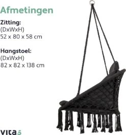 Vita5 Macramé Hangstoel - Voor Binnen En Buiten - Zonder Standaard - Incl. Kussen, Boekenvak En Beschermhoes - Tot 150kg - Zwart -Meubel Verkoop 1124x1200