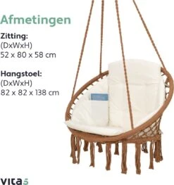 Vita5 Macramé Hangstoel - Voor Binnen En Buiten - Zonder Standaard - Incl. Kussen, Boekenvak En Beschermhoes - Tot 150kg - Bruin/Beige -Meubel Verkoop 1125x1200