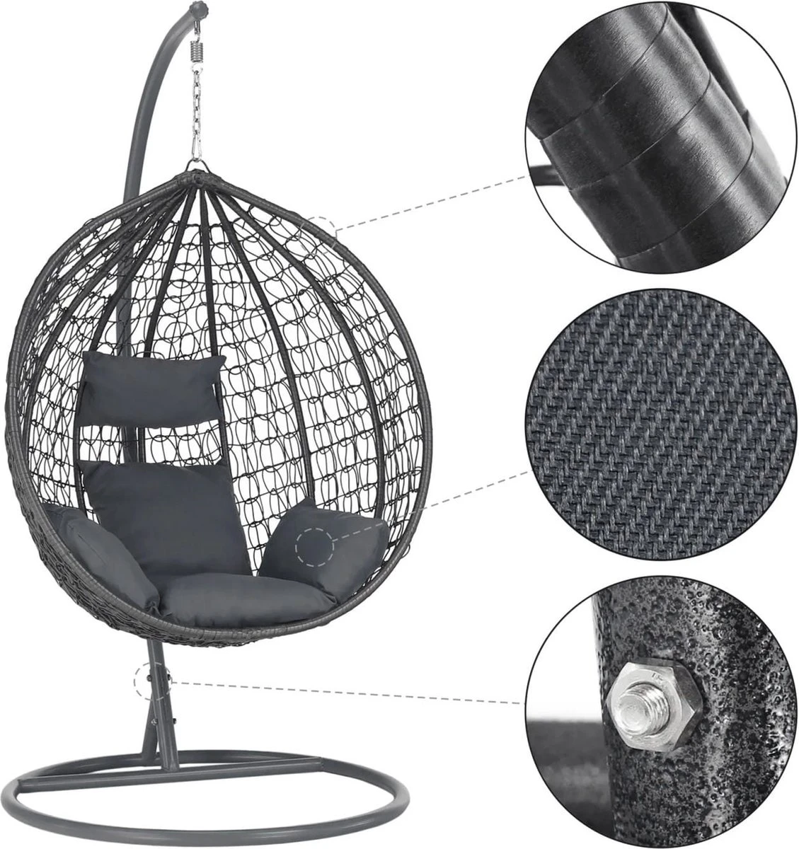 Bircim Hangstoel Ei/Egg-Vorm Met Dikke Kussens - Voor Binnen En Buiten - Incl. Standaard, Onderstel & Kussens - Antraciet 8 Bircim Hangstoel Ei/Egg-Vorm Met Dikke Kussens - Voor Binnen En Buiten - Incl. Standaard, Onderstel & Kussens - Antraciet - Afbeelding 6