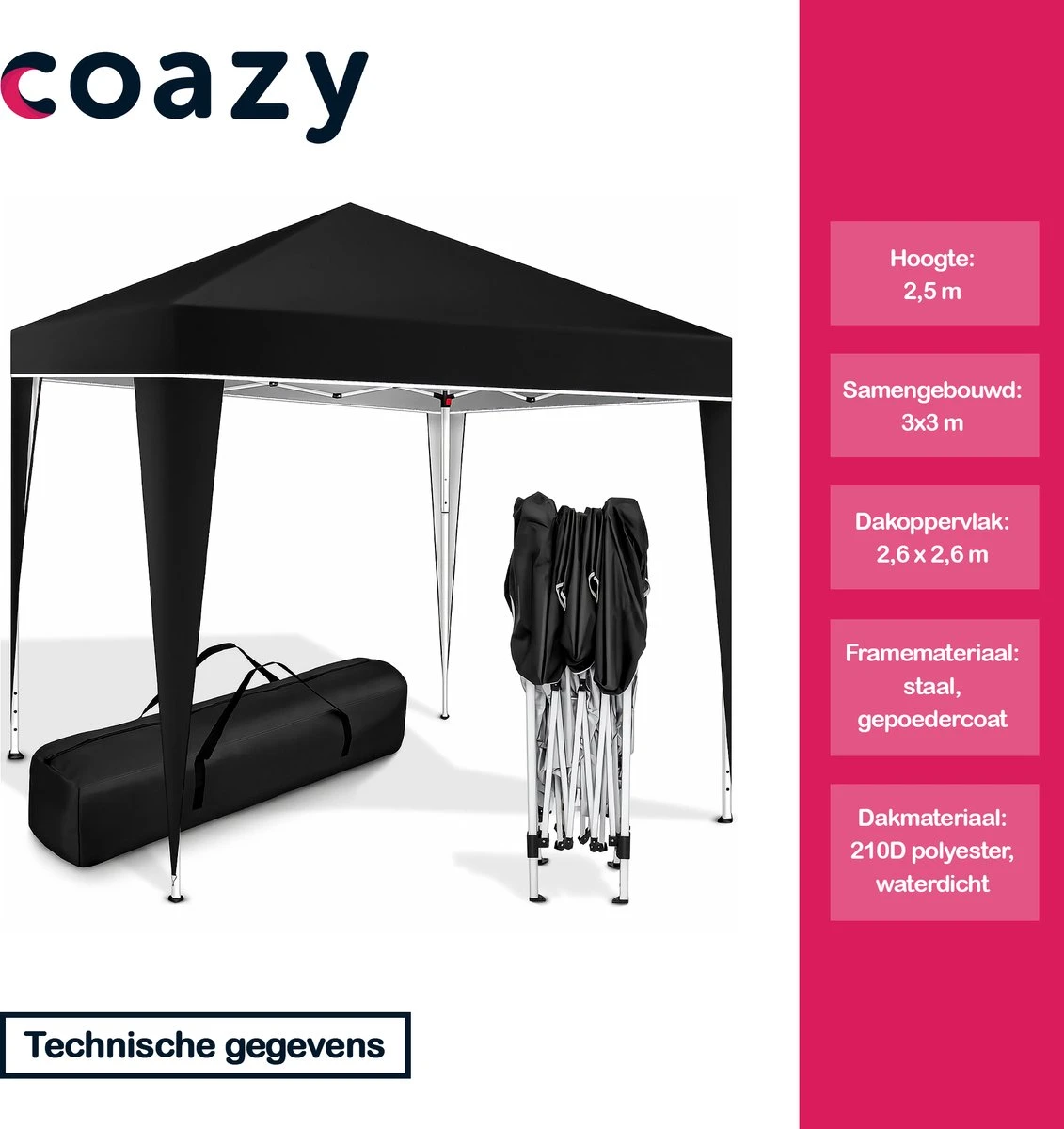 Coazy Waterdichte Partytent 3x3 Meter Opvouwbaar - Paviljoen - Easy Up - Pop-up Tent Met Haringen, Touw En Anti Slip Poten - Waterdicht - Partytenten Weerbestendig 4 Coazy Waterdichte Partytent 3x3 Meter Opvouwbaar - Paviljoen - Easy Up - Pop-up Tent Met Haringen, Touw En Anti Slip Poten - Waterdicht - Partytenten Weerbestendig - Afbeelding 2