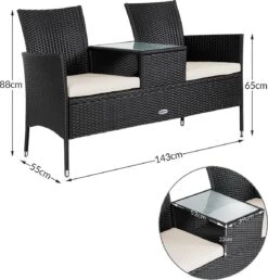 Casaria Polyrattan Tuinbank - Incl. Kussen - 143x55x88 Cm Zwart -Meubel Verkoop 1150x1200