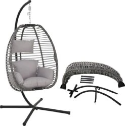 Pro Garden Lowander Hangstoel Egg 191x126x126- Schommelstoel Met Rattan Cocoon En Robuust Stalen Standaard Incl. Kussens - Volledig Inklapbaar - Lichtgrijs -Meubel Verkoop 1185x1200 2