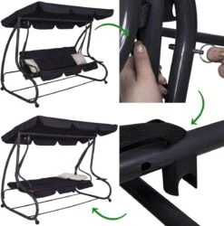 Springos Schommelbank | Linda-Schommel | 3-zits | Waterafstotend | Inclusief 2 Kussens | Verstelbare Luifel | 162 X 200 X 120 Cm | Zwart -Meubel Verkoop 1186x1200 1