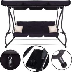 Springos Schommelbank | Linda-Schommel | 3-zits | Waterafstotend | Inclusief 2 Kussens | Verstelbare Luifel | 162 X 200 X 120 Cm | Zwart -Meubel Verkoop 1194x1200 2