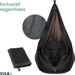 Vita5 Macramé Hangstoel - Voor Binnen En Buiten - Zonder Standaard - Incl. Kussen, Boekenvak En Beschermhoes - Tot 150kg - Zwart -Meubel Verkoop 1194x1200