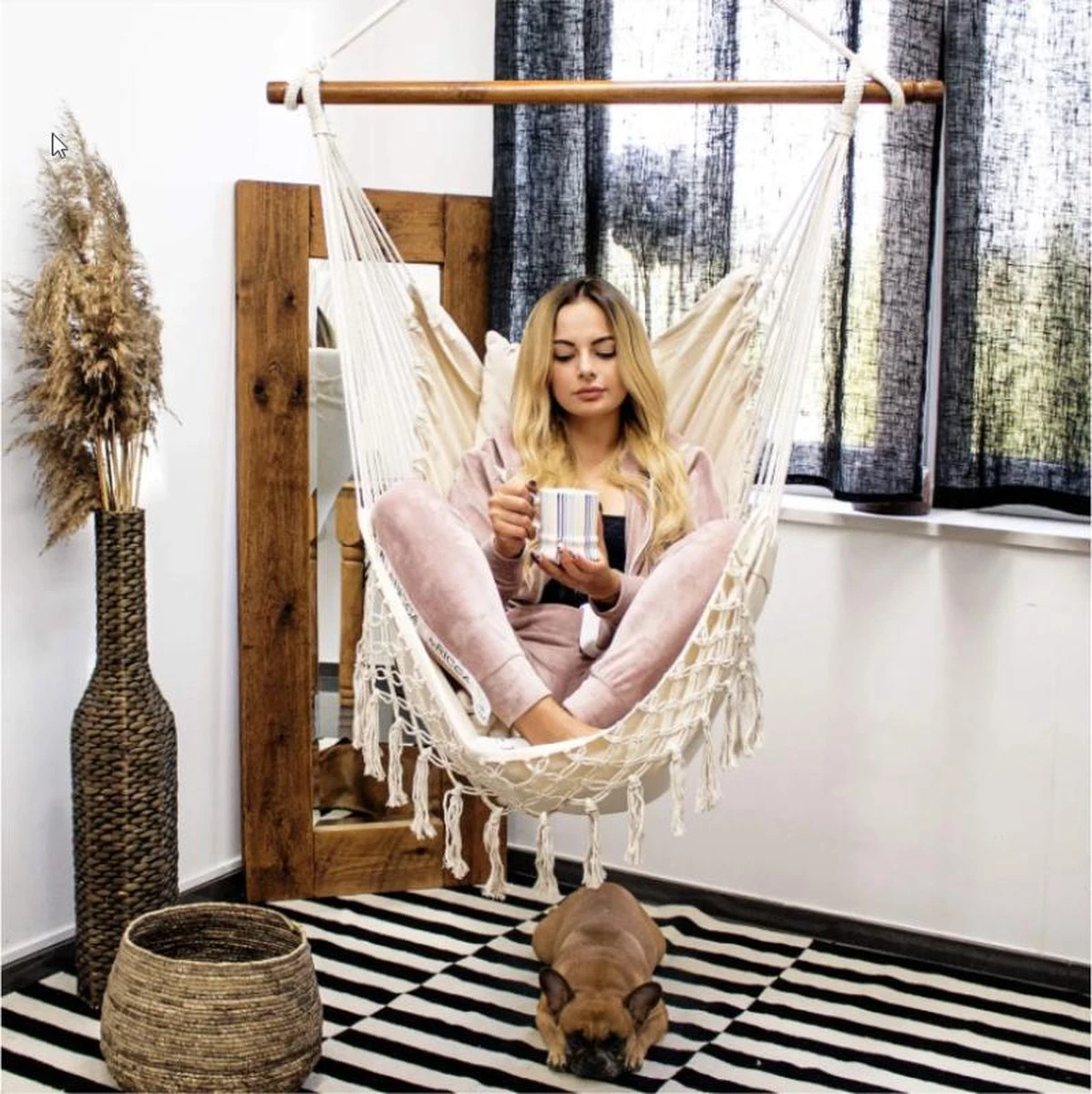 Springos Hangstoel | Binnen & Buiten | Met 2 Kussens | Boekenvak | Ook Voor Kinderen | Belastbaar Tot 150 Kg | Wit 6 Springos Hangstoel | Binnen & Buiten | Met 2 Kussens | Boekenvak | Ook Voor Kinderen | Belastbaar Tot 150 Kg | Wit - Afbeelding 4