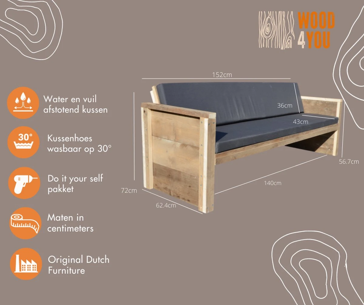 Wood4you - Tuinbank - Ameland - 'Doe Het Zelf' Bouwpakket Steigerhout 152Lx72Hx57D Cm - Incl Kussen 7 Wood4you - Tuinbank - Ameland - 'Doe Het Zelf' Bouwpakket Steigerhout 152Lx72Hx57D Cm - Incl Kussen - Afbeelding 5
