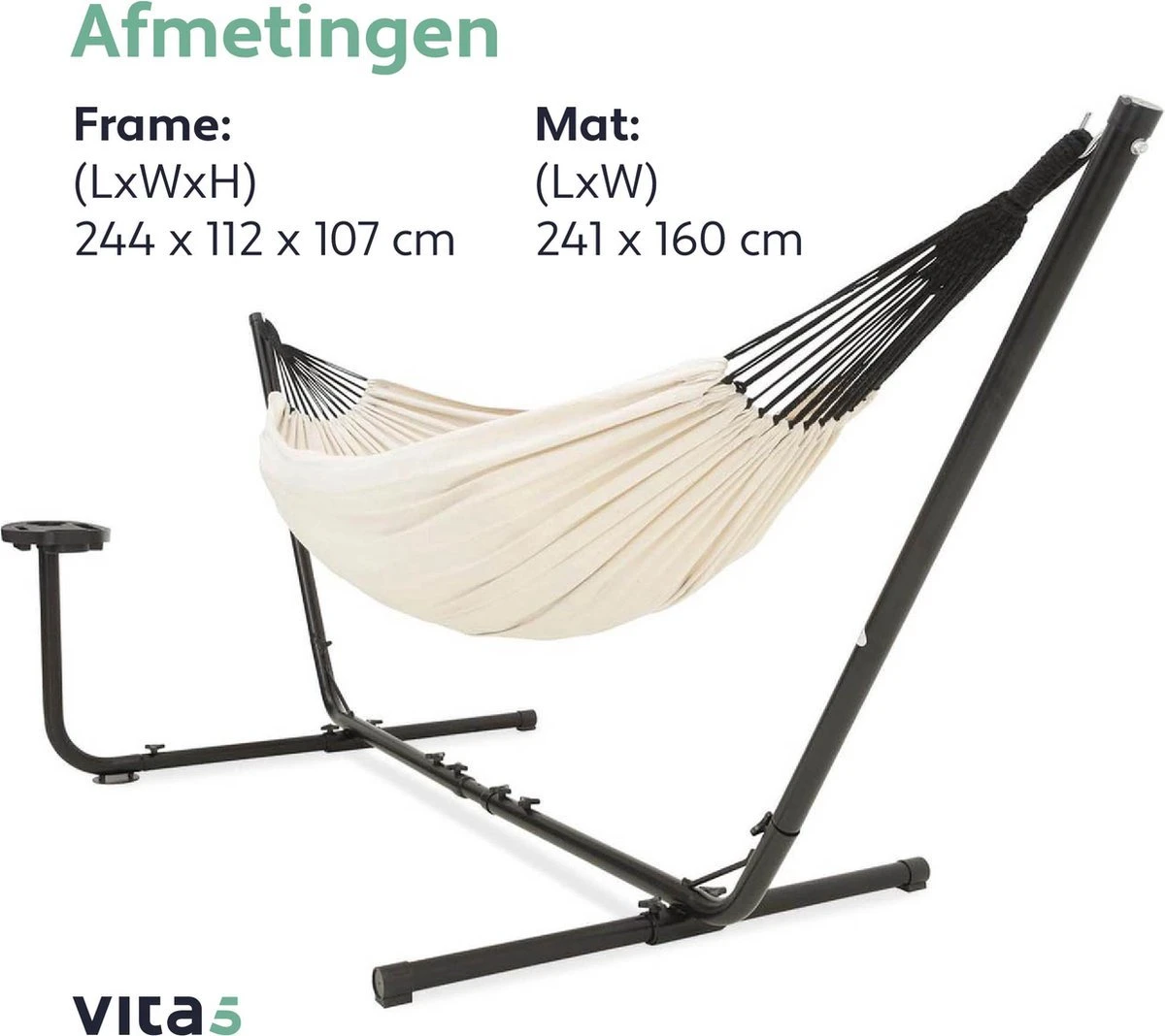 Vita5 Hangmat Met Standaard – 2 Persoons – Incl. Bekerhouder – 205kg Draaggewicht – Beige/Wit 11 Vita5 Hangmat Met Standaard – 2 Persoons – Incl. Bekerhouder – 205kg Draaggewicht – Beige/Wit - Afbeelding 9