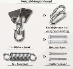 LFSY - Ophangsysteem - Universele Plafondhaak - Hangstoelen Binnen & Buiten - Ophanghaak – Bokszakken - Verandastoel - Zware Veer - RVS – 450kg – M8 -Meubel Verkoop 1200x1131