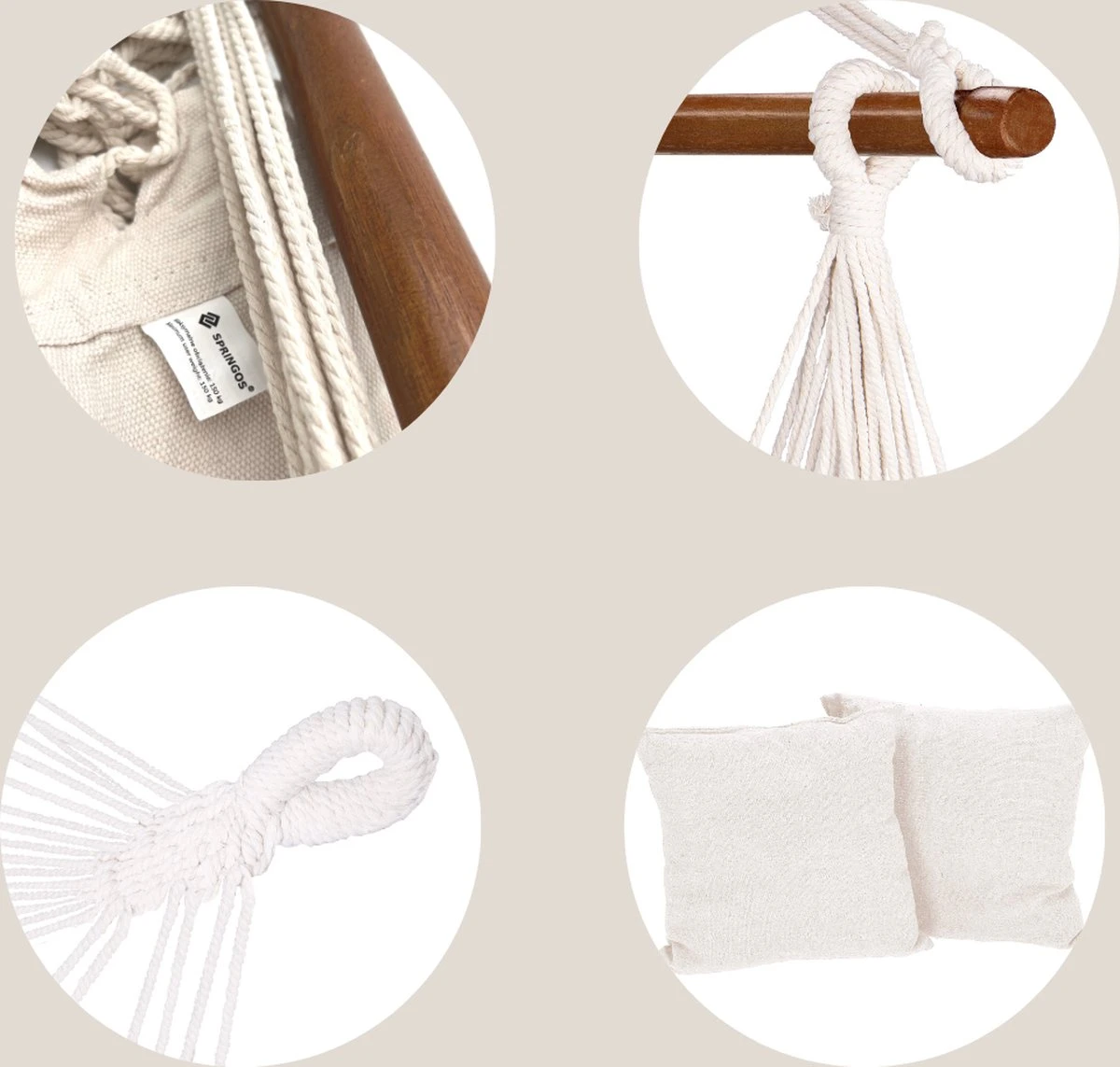 Springos Hangstoel | Binnen & Buiten | Met 2 Kussens | Boekenvak | Ook Voor Kinderen | Belastbaar Tot 150 Kg | Wit 7 Springos Hangstoel | Binnen & Buiten | Met 2 Kussens | Boekenvak | Ook Voor Kinderen | Belastbaar Tot 150 Kg | Wit - Afbeelding 5