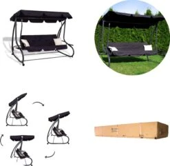 Springos Schommelbank | Linda-Schommel | 3-zits | Waterafstotend | Inclusief 2 Kussens | Verstelbare Luifel | 162 X 200 X 120 Cm | Zwart -Meubel Verkoop 1200x1171 3