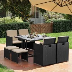 Tuinmeubelset - Tuinset 4 6 8 Persoons - Eettafel En Stoelen - Set Van 9 - Terras - Tuintafel - Salontafel Met Glazen Oppervlak - Zwart Beige -Meubel Verkoop 1200x1200 1040
