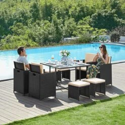 Tuinmeubelset - Tuinset 4 6 8 Persoons - Eettafel En Stoelen - Set Van 9 - Terras - Tuintafel - Salontafel Met Glazen Oppervlak - Zwart Beige -Meubel Verkoop 1200x1200 1043