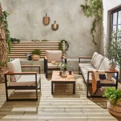 Loungeset 5 Plaatsen Van Aluminium En Eucalyptus – NAZCA – Antraciet Structuur, Lichtgrijs Kussens -Meubel Verkoop 1200x1200 1162