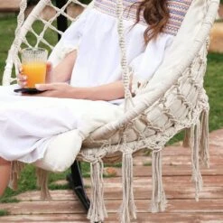 Hangstoel, Hangschommel, Hangstoel Met Een Dik Kussen, Tot 120 Kg Belastbaar, Voor Tuin, Balkon, Woonkamer, Terras, Scandinavische Stijl, Modern, Beige HMDC042M01 -Meubel Verkoop 1200x1200 129