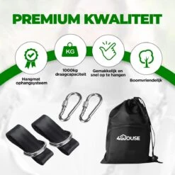 4House Ophang Koord Voor Hangmat, Hangstoel / Schommel - Hangmat Bevestigingsset Inclusief Haken - Karabijnhaak - Hangmat Standaard -Schommelophangset - Hangmat Ophangsysteem -150cm - Tot 1000kg - Boomvriendelijke Hangmat Ophangset - Set Van 2Stuks -Meubel Verkoop 1200x1200 1331