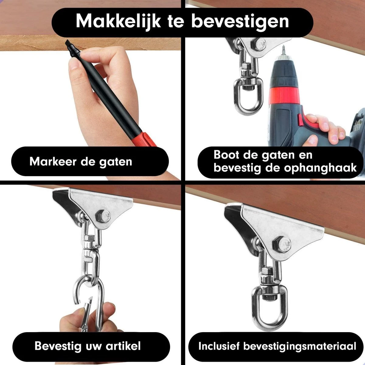 Luxe Ophangsysteem - 180° Schommelen, 360° Roteerbaar - Plafondhaak - Ophanghaak - Hangstoel Buiten - Hangstoel Binnen – Schommelstoel - Schommel - Bokszakken - RVS - Nederlandse Handleiding - 4 Luxe Ophangsysteem - 180° Schommelen, 360° Roteerbaar - Plafondhaak - Ophanghaak - Hangstoel Buiten - Hangstoel Binnen – Schommelstoel - Schommel - Bokszakken - RVS - Nederlandse Handleiding - - Afbeelding 2