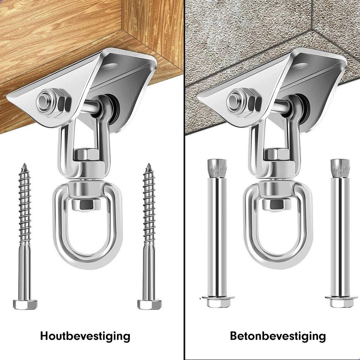 Luxe Ophangsysteem - 180° Schommelen, 360° Roteerbaar - Plafondhaak - Ophanghaak - Hangstoel Buiten - Hangstoel Binnen – Schommelstoel - Schommel - Bokszakken - RVS - Nederlandse Handleiding - 7 Luxe Ophangsysteem - 180° Schommelen, 360° Roteerbaar - Plafondhaak - Ophanghaak - Hangstoel Buiten - Hangstoel Binnen – Schommelstoel - Schommel - Bokszakken - RVS - Nederlandse Handleiding - - Afbeelding 5