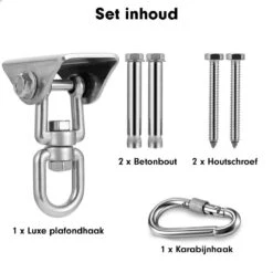 Luxe Ophangsysteem - 180° Schommelen, 360° Roteerbaar - Plafondhaak - Ophanghaak - Hangstoel Buiten - Hangstoel Binnen – Schommelstoel - Schommel - Bokszakken - RVS - Nederlandse Handleiding - 23 Luxe Ophangsysteem - 180° Schommelen, 360° Roteerbaar - Plafondhaak - Ophanghaak - Hangstoel Buiten - Hangstoel Binnen – Schommelstoel - Schommel - Bokszakken - RVS - Nederlandse Handleiding - -Meubel Verkoop 1200x1200 191