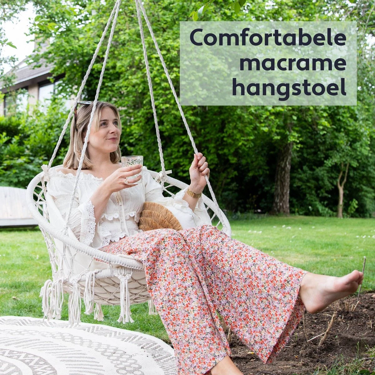 Vita5 Macramé Hangstoel - Voor Binnen En Buiten - Zonder Standaard - Incl. Kussen, Boekenvak En Beschermhoes - Tot 150kg - Beige 4 Vita5 Macramé Hangstoel - Voor Binnen En Buiten - Zonder Standaard - Incl. Kussen, Boekenvak En Beschermhoes - Tot 150kg - Beige - Afbeelding 2