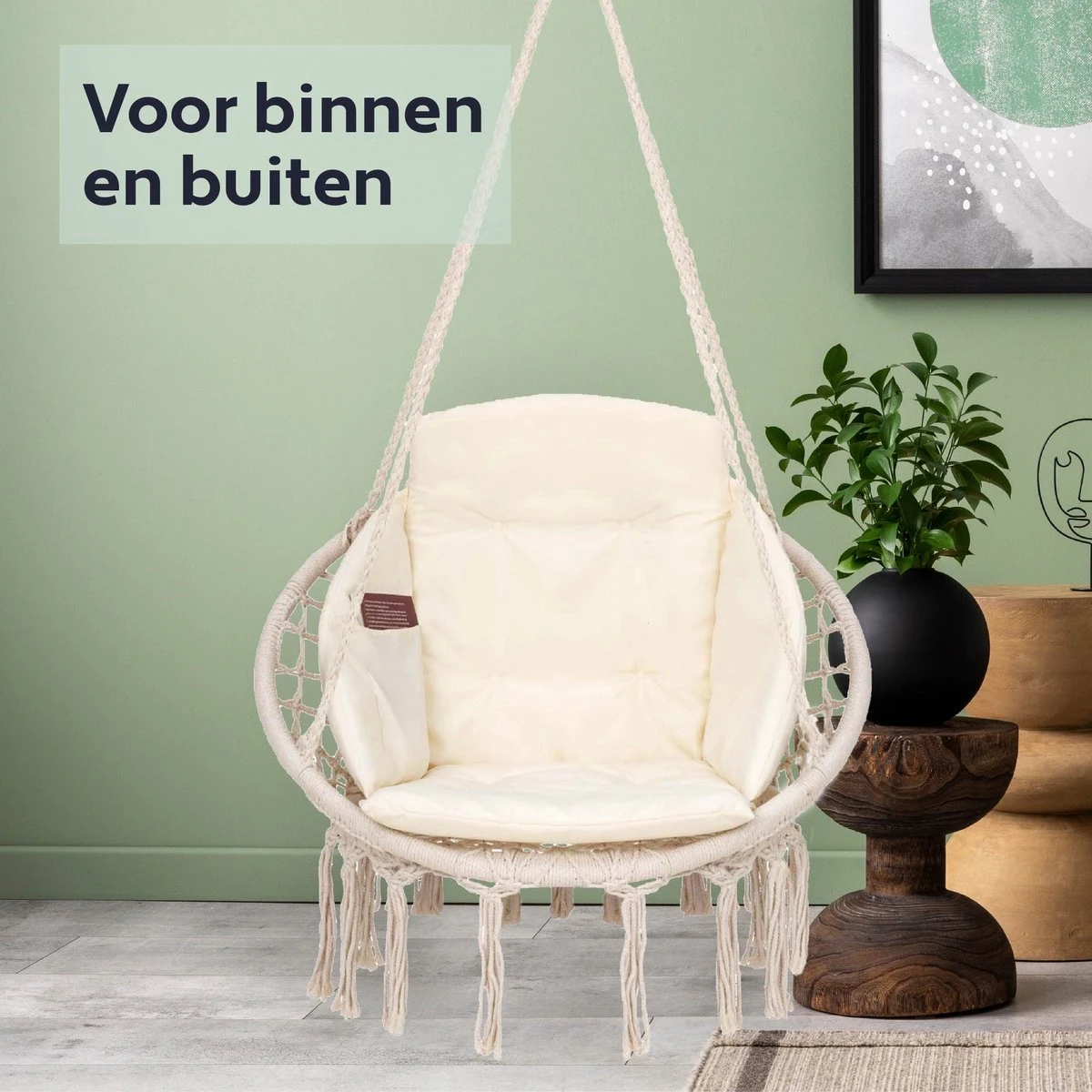 Vita5 Macramé Hangstoel - Voor Binnen En Buiten - Zonder Standaard - Incl. Kussen, Boekenvak En Beschermhoes - Tot 150kg - Beige 8 Vita5 Macramé Hangstoel - Voor Binnen En Buiten - Zonder Standaard - Incl. Kussen, Boekenvak En Beschermhoes - Tot 150kg - Beige - Afbeelding 6