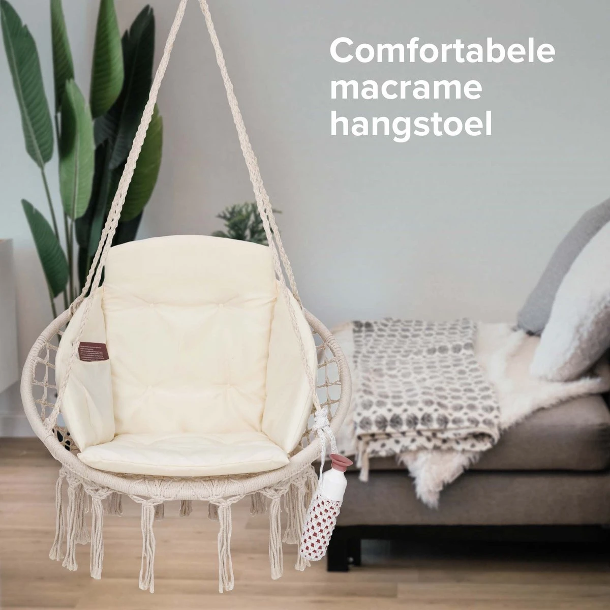 Vita5 Macramé Hangstoel - Voor Binnen En Buiten - Zonder Standaard - Incl. Kussen, Boekenvak En Beschermhoes - Tot 150kg - Beige 10 Vita5 Macramé Hangstoel - Voor Binnen En Buiten - Zonder Standaard - Incl. Kussen, Boekenvak En Beschermhoes - Tot 150kg - Beige - Afbeelding 8