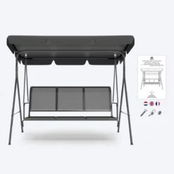 LifeGoods Schommelbank - 3-zits - Tot 250KG - Kantelbaar Dak - UV-bestendig Zonnescherm - 172x104x162cm - Grijs -Meubel Verkoop 1200x1200 385