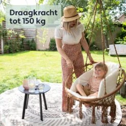 Vita5 Macramé Hangstoel - Voor Binnen En Buiten - Zonder Standaard - Incl. Kussen, Boekenvak En Beschermhoes - Tot 150kg - Bruin/Beige -Meubel Verkoop 1200x1200 56