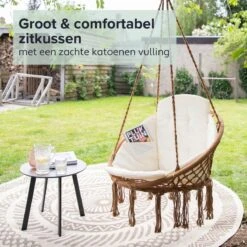 Vita5 Macramé Hangstoel - Voor Binnen En Buiten - Zonder Standaard - Incl. Kussen, Boekenvak En Beschermhoes - Tot 150kg - Bruin/Beige -Meubel Verkoop 1200x1200 57