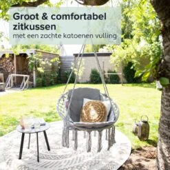 Vita5 Macramé Hangstoel - Voor Binnen En Buiten - Zonder Standaard - Incl. Kussen, Boekenvak En Beschermhoes - Tot 150kg - Grijs -Meubel Verkoop 1200x1200 67