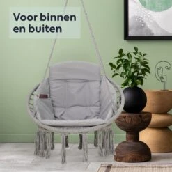 Vita5 Macramé Hangstoel - Voor Binnen En Buiten - Zonder Standaard - Incl. Kussen, Boekenvak En Beschermhoes - Tot 150kg - Grijs -Meubel Verkoop 1200x1200 69