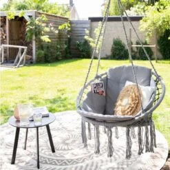Vita5 Macramé Hangstoel - Voor Binnen En Buiten - Zonder Standaard - Incl. Kussen, Boekenvak En Beschermhoes - Tot 150kg - Grijs -Meubel Verkoop 1200x1200 70
