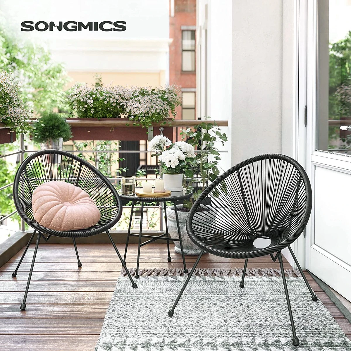 Songmics Balkonmeubilair, Tuinmeubelset, Set Van 3, Zitgroep, Terrasmeubilair, Glazen Tafelblad, 2 Stoelen, Voor Binnen En Buiten, Voor Patio, Tuin, Balkon, Buiten, Zwart GGF013B02 10 Songmics Balkonmeubilair, Tuinmeubelset, Set Van 3, Zitgroep, Terrasmeubilair, Glazen Tafelblad, 2 Stoelen, Voor Binnen En Buiten, Voor Patio, Tuin, Balkon, Buiten, Zwart GGF013B02 - Afbeelding 8