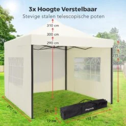 LifeGoods Partytent - 3x3 M - Zijwanden - Easy Up - Opvouwbaar - Waterdicht - Draagtas Met Wieltjes - Beige -Meubel Verkoop 1200x1200 844