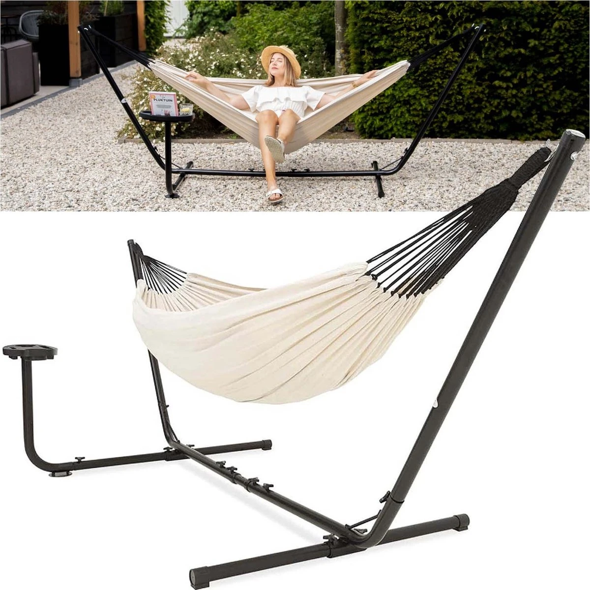 Vita5 Hangmat Met Standaard – 2 Persoons – Incl. Bekerhouder – 205kg Draaggewicht – Beige/Wit 3 Vita5 Hangmat Met Standaard – 2 Persoons – Incl. Bekerhouder – 205kg Draaggewicht – Beige/Wit