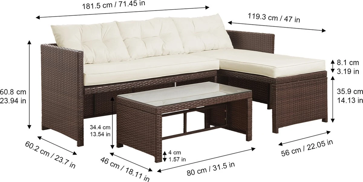 Teamson Home 3-Delig Hoek Loungeset - Tuinmeubelen - Tuinbank - Omvat Tafel En Kussens - Rotan - Bruin/Wit 10 Teamson Home 3-Delig Hoek Loungeset - Tuinmeubelen - Tuinbank - Omvat Tafel En Kussens - Rotan - Bruin/Wit - Afbeelding 8