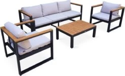 Loungeset 5 Plaatsen Van Aluminium En Eucalyptus – NAZCA – Antraciet Structuur, Lichtgrijs Kussens