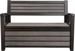Keter - Hudson Bench Box - 2-zits Bank - Opbergbox - Hout Look & Feel - 227L - 138x63x89cm - Antraciet -Meubel Verkoop 1200x822