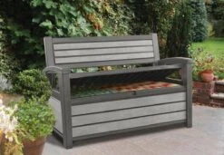 Keter - Hudson Bench Box - 2-zits Bank - Opbergbox - Hout Look & Feel - 227L - 138x63x89cm - Antraciet -Meubel Verkoop 1200x832