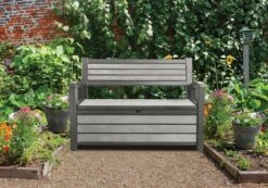 Keter - Hudson Bench Box - 2-zits Bank - Opbergbox - Hout Look & Feel - 227L - 138x63x89cm - Antraciet -Meubel Verkoop 1200x841 1