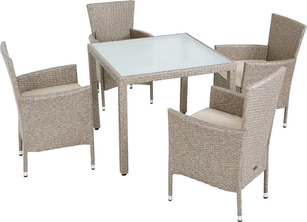 Casaria Polyrattan Tuinset - 4 Stoelen & Tafel 90x90 Cm - Beige Grijs 4 Casaria Polyrattan Tuinset - 4 Stoelen & Tafel 90x90 Cm - Beige Grijs - Afbeelding 2