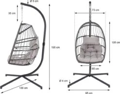 Pro Garden Lowander Hangstoel Egg 191x126x126- Schommelstoel Met Rattan Cocoon En Robuust Stalen Standaard Incl. Kussens - Volledig Inklapbaar - Lichtgrijs -Meubel Verkoop 1200x943