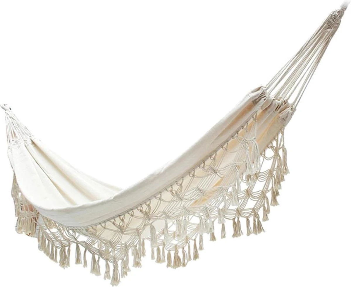QUVIO Hangmat Voor In De Tuin - Tuinstoelen - Reishangmat Voor Camping, Outdoor En Reizen - Hamock - Katoen Ademend - Maximale Belasting Van 250KG - Lig Oppervlak Van 180 Cm - Geschikt Voor 1 Persoon - Beige 3 QUVIO Hangmat Voor In De Tuin - Tuinstoelen - Reishangmat Voor Camping, Outdoor En Reizen - Hamock - Katoen Ademend - Maximale Belasting Van 250KG - Lig Oppervlak Van 180 Cm - Geschikt Voor 1 Persoon - Beige