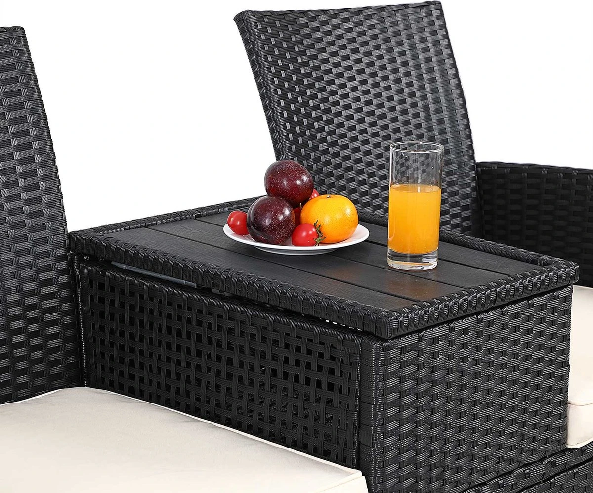 Casaria Tuinbank Polyrattan – 2 Zitter Incl. Tafel & Kussens – Zwart 8 Casaria Tuinbank Polyrattan – 2 Zitter Incl. Tafel & Kussens – Zwart - Afbeelding 6